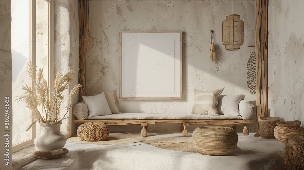 Mockup minimall style with frame in nomadic boho interior background with rustic decor. Mockup minimall style with frame in nomadic boho interior background with rustic decor.