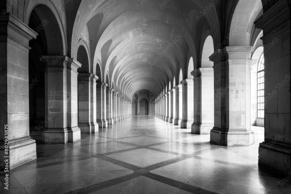 Black and white photo of a long hallway, suitable for architectural and interior design projects