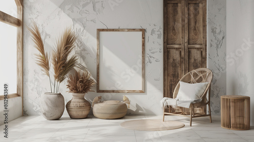 Mockup minimall style with frame in nomadic boho interior background with rustic decor. photo