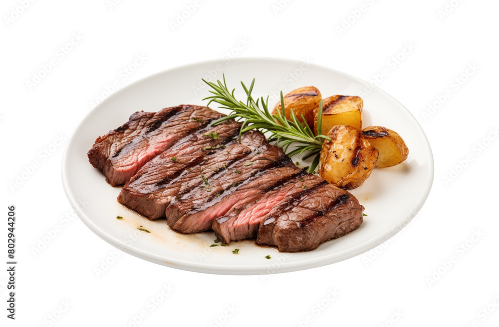 Succulent grilled steaks on a plate with roasted tomatoes and rosemary, embodying a delicious gourmet meal. Generative AI