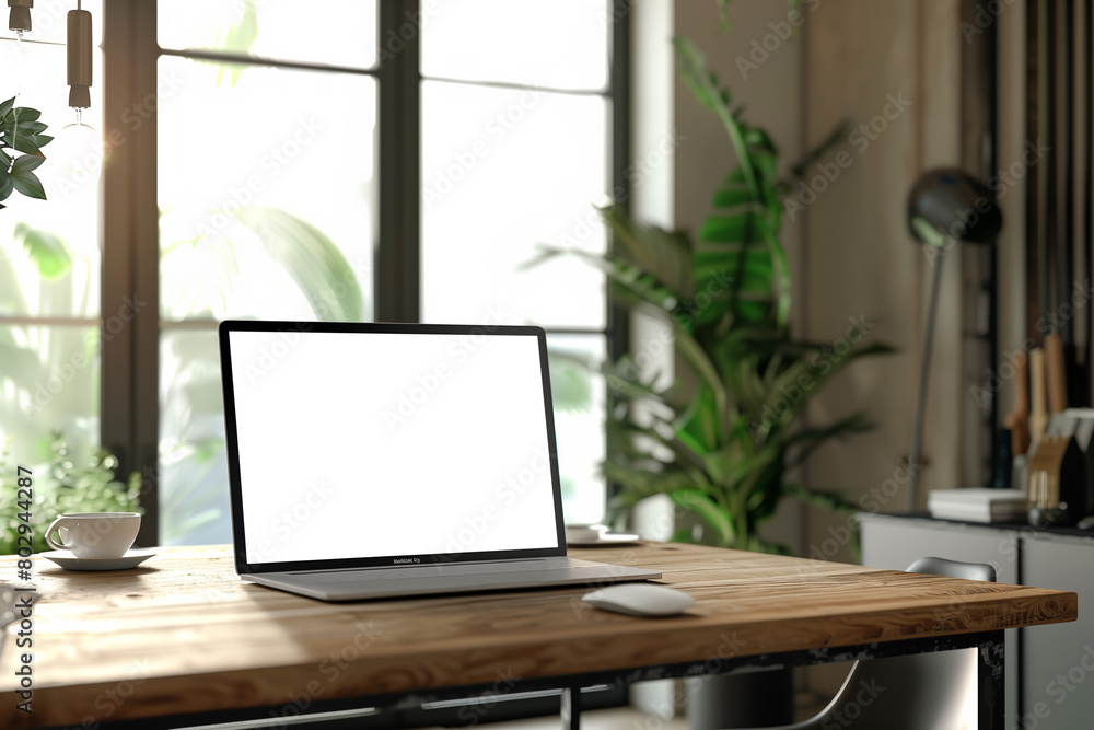 Laptop computer on a wooden table in a modern interior with green plants and sunlight Laptop computer on a wooden table in a modern interior with green plants and sunlight
