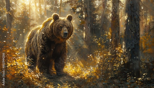 Capture a majestic, distant view of a powerful bear in a serene forest setting using oil painting technique Highlight the bears stature and the lush surroundings photo