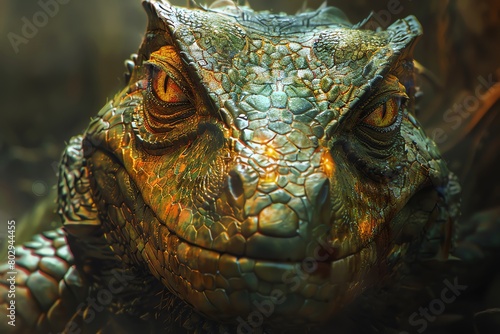 Capture the Basilisk in a hyper-realistic digital rendering  emphasizing intricate details like its glowing eyes and razor-sharp claws  set against a dramatic backdrop