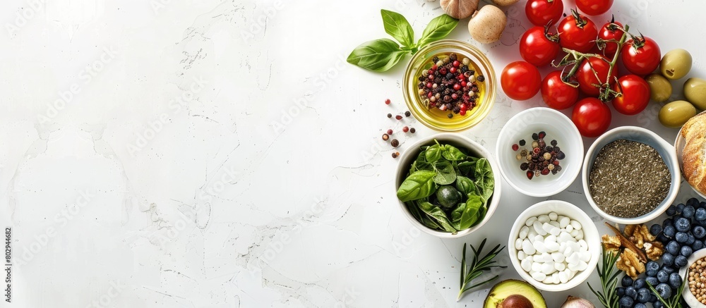 A variety of foods from nature that contain dopamine, beneficial for brain health, displayed on a white background. Ample space for text. A variety of foods from nature that contain dopamine, beneficial for brain health, displayed on a white background. Ample space for text.