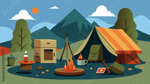 A campsite scene complete with a canvas tent and a makeshift kitchen set up gives a glimpse into the daily routine of soldiers. A replica of the. Vector illustration