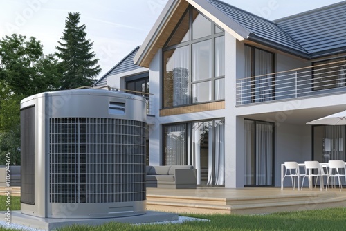 A large air conditioner unit in front of a residential house. Ideal for illustrating home cooling solutions