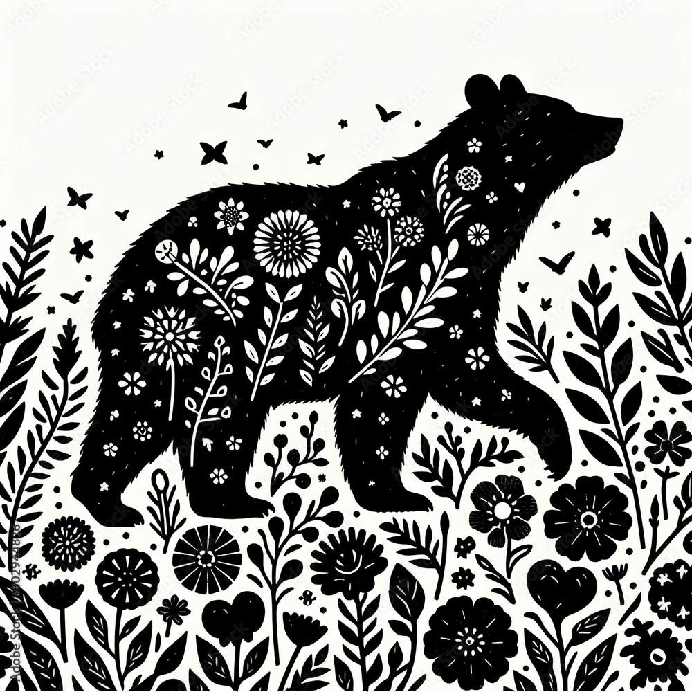 black silhouette of a dog and floral pattern black silhouette of a dog and floral pattern