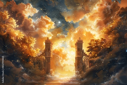 Capture the majestic gates of heaven in watercolor, showcasing golden hues and luminous clouds in a surreal yet serene style photo
