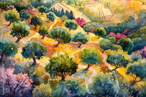 Capture the mesmerizing beauty of an aerial view olive grove in vivid watercolors, showcasing the intricate patterns of the trees, evoking a sense of tranquility and abundance