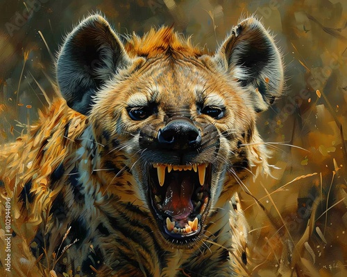 Capture the intricate details of a hyenas snarling face in a hyper-realistic oil painting, emphasizing the wild nature with bold brushstrokes photo
