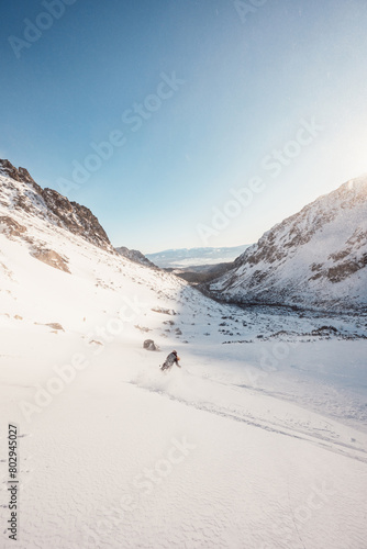 Mountaineer backcountry ski walking ski alpinist in the mountains. Ski touring in alpine landscape with snowy trees. Adventure winter sport. High tatras, Slovakia © alexanderuhrin