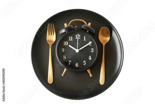 The alarm clock on a black plate with fork and knife isolated on a transparent background