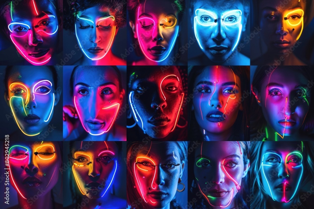 Obraz premium A group of people with neon lights on their faces. Suitable for social media posts