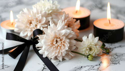 Chrysanthemum flowers with black funeral ribbon and burning candles on light background, closeup photo