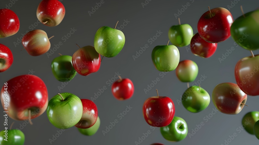 A dynamic display of red and green apples suspended in mid-air, showcasing vibrant colors and realistic textures. A dynamic display of red and green apples suspended in mid-air, showcasing vibrant colors and realistic textures.