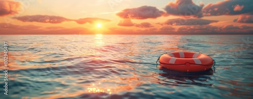 Red buoy for freediving floating in the ocean in sunset lights.