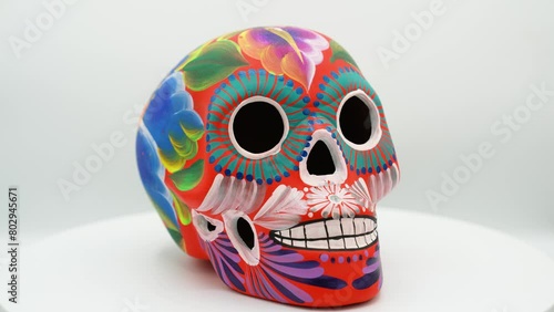Nuestra Señora de la Santa Muerte mexican traditional religious painted ceramic skull representing Goddess Death with colorful handmade drawings
