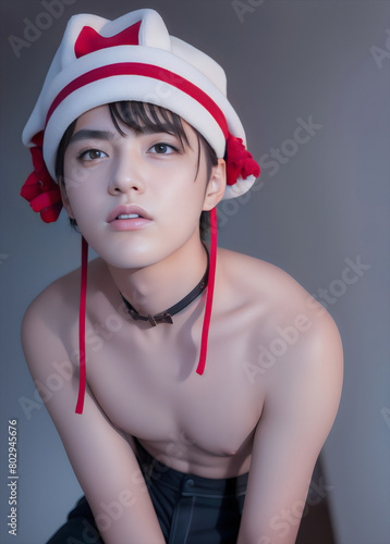 Half-body portrait of a handsome Asian teen wearing a red-white hat. photo