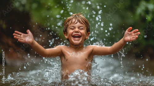 A jubilant water splash, frozen in time, captures the exhilarating moment of a child jumping into a puddle