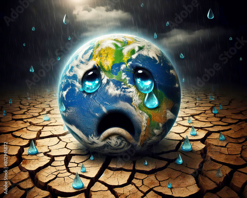 Earth crying global warming nature disaster dry cracked land.
