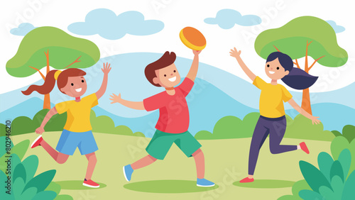 A group of young children playing a game of frisbee their energetic cheers echoing through the park and adding to the festive atmosphere.. Vector illustration