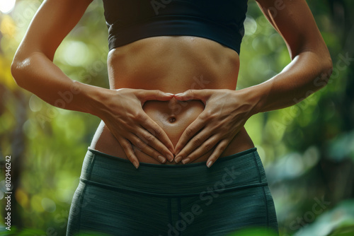 close up of woman hands making heart shape on her stomach, gut health and microbiome