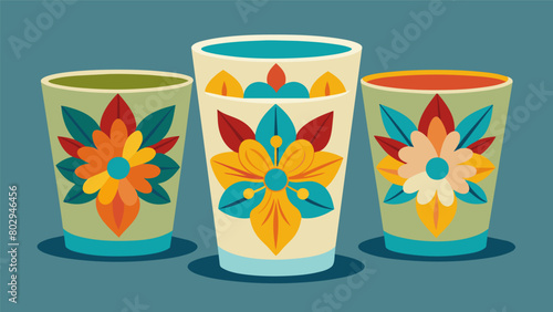 A set of vintage shot glasses each decorated with a different colorful flower design. Vector illustration