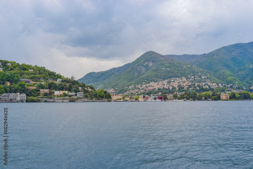 Landscape of Lake Como with views of the lake surface and majestic mountains