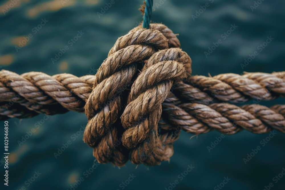 A rope with a knot hanging from its end. Suitable for illustrating concepts of strength, security, or problem solving