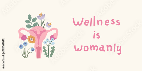 Floral uterus and inspirational quote about women’s health. Female strength and reproductive wellness concept. Perfect for health education, women's rights projects, and medical awareness. Gynecology,