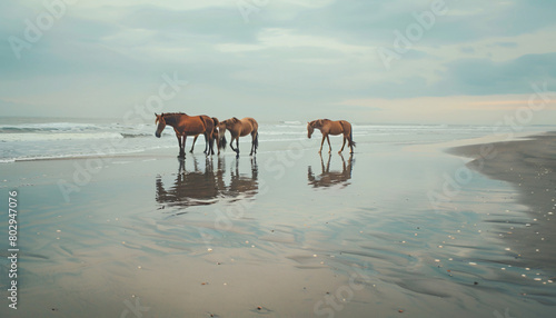 multiple horses at the beach