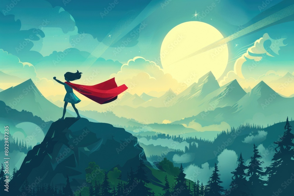 A person standing on top of a mountain with a red cape. Ideal for outdoor adventure concepts