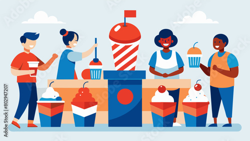 A community fundraiser for a local charity with a table of red white and blue ice cream floats and donations pouring in to support a good cause.. Vector illustration