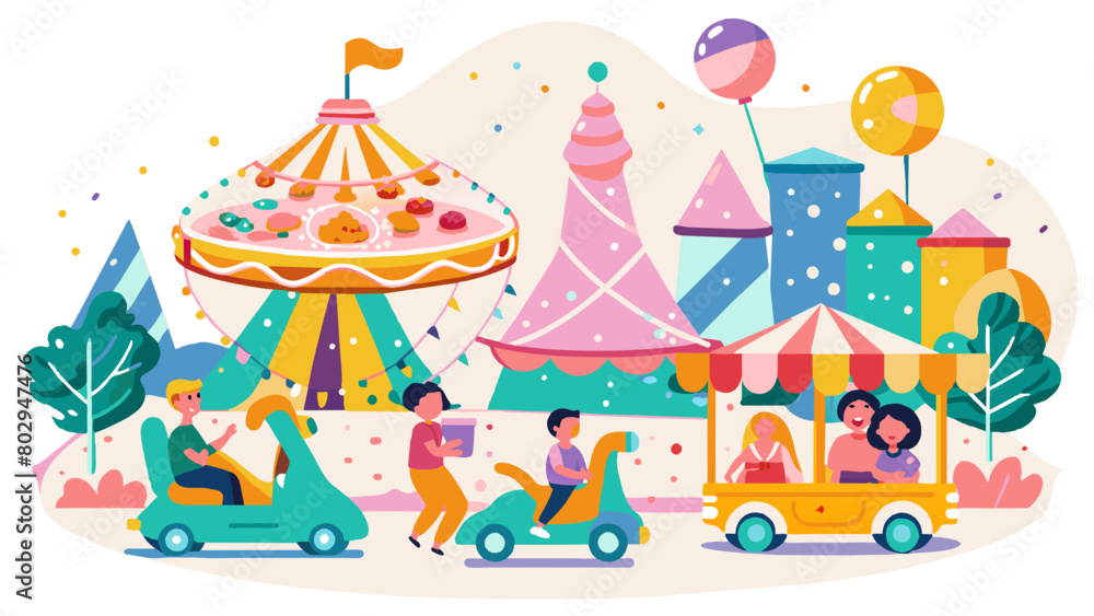 Colorful Amusement Park Scene with Joyful People and Attractions Colorful Amusement Park Scene with Joyful People and Attractions
