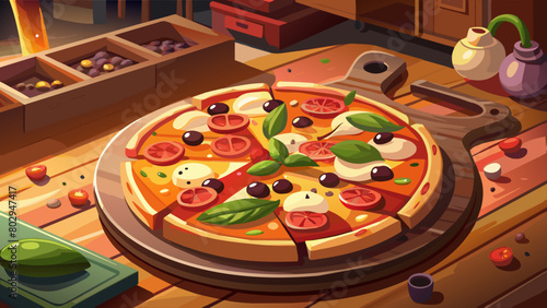 Freshly Baked Margherita Pizza on Wooden Table in Cozy Kitchen