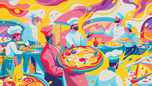 Vibrant Pizza Party with Animated Chefs Enjoying Cooking and Serving
