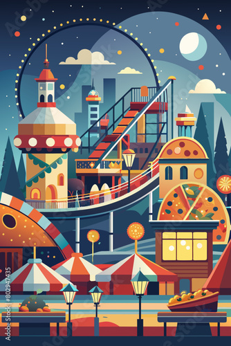 Colorful Fantasy Theme Park Scenery with Mountains at Night
