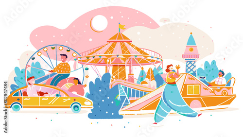 Vibrant Amusement Park Scene with Joyful Visitors and Colorful Rides
