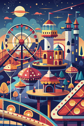 Enchanted Evening at the Whimsical Amusement Park Illustration