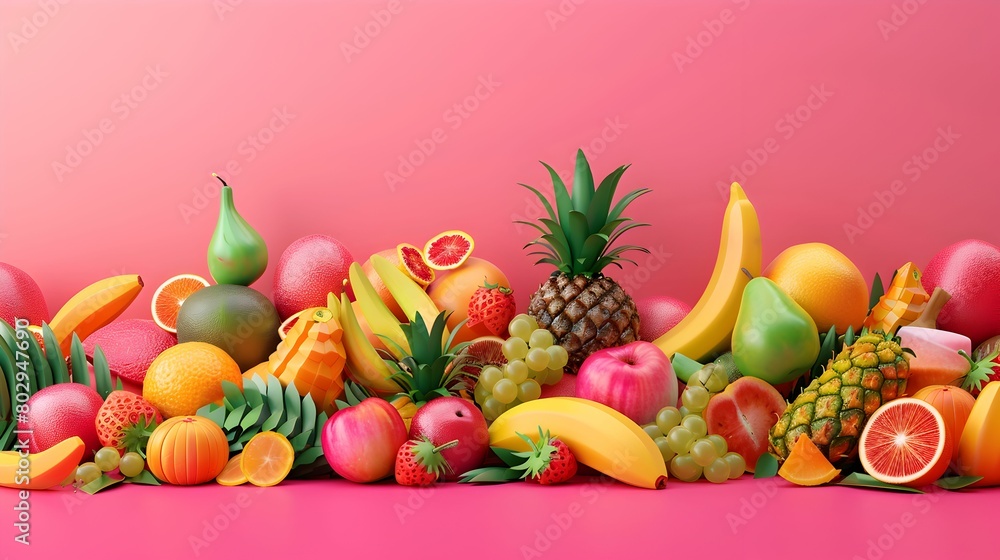 A vibrant collection of tropical fruits including grapefruit, bananas, and mangoes, artistically arranged on a vivid pink background. A vibrant collection of tropical fruits including grapefruit, bananas, and mangoes, artistically arranged on a vivid pink background.