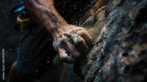Climber's hand gripping a rock with chalk dust in motion