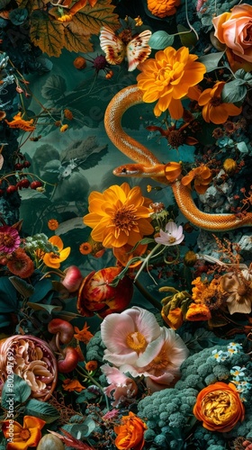 Bruschetta, snake, explosion, fairy tales,hunger, Rustic orange, marigold, dirt brown, and beryl blue,