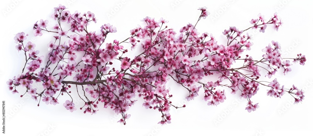 Fototapeta premium Creative arrangement of a blooming cherry tree in spring, featuring pink Sakura flowers in a nature-themed design element. Displayed from a top view perspective.