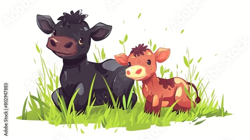 cute little cartoon cow on the grass on a white background