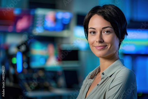 Portrait of smiling female in news telecast room at night, Ai Generated