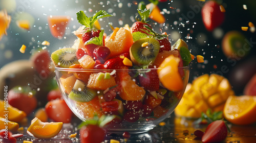 A burst of exotic fruits around a bowl of tropical fruit salad, Flying Food shot, studio lighting