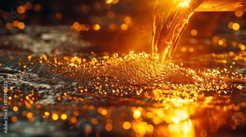 Artistic shot of refined gold being extracted from its ore, highlighting the shimmering, pure liquid gold as it cools into solid form, symbolizing the beauty of purified metals