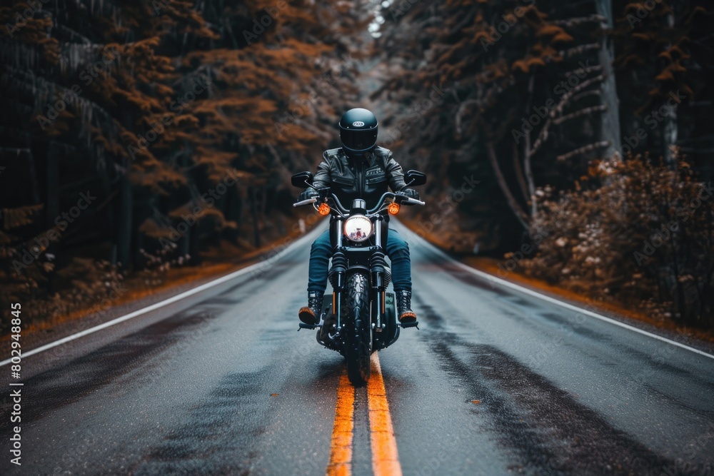 A man riding a motorcycle on a wet road. Suitable for transportation concepts