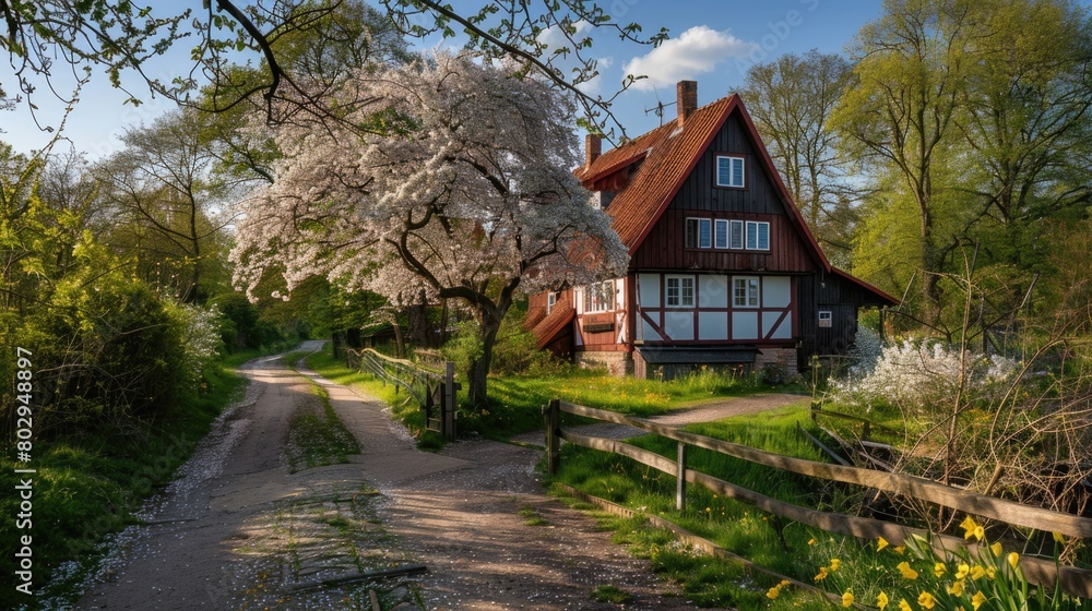Scenic view of a dirt road leading to a house in the background. Suitable for various rural and countryside themes Scenic view of a dirt road leading to a house in the background. Suitable for various rural and countryside themes