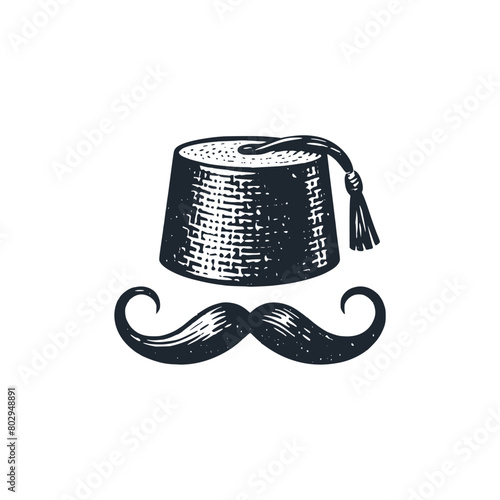 The fez hat with mustache. Black white vector logo illustration.	 photo